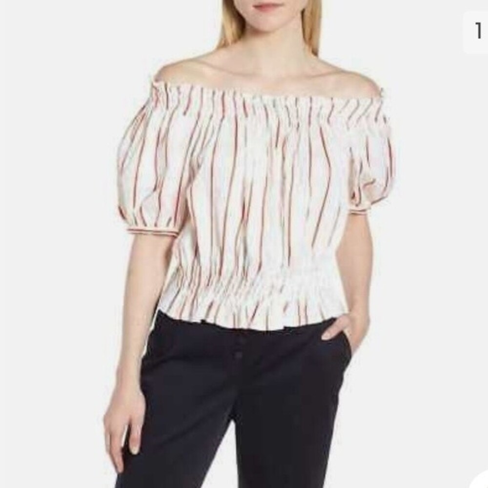 LEWIT Red White Striped Off Shoulder Linen Blend Top S